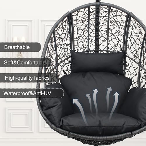 Oversized Hanging Egg Chair Outdoor Indoor, Wicker Swing Egg Chair with Stand 400lbs Capacity for Bedroom, Patio, Garden and Balcony (Beige-nest