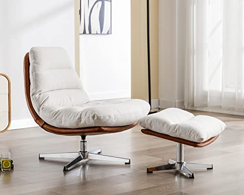 Modern Swivel Accent Chair with Ottoman Set, PU Leather Oversized Armless Reading Chair with Footrest