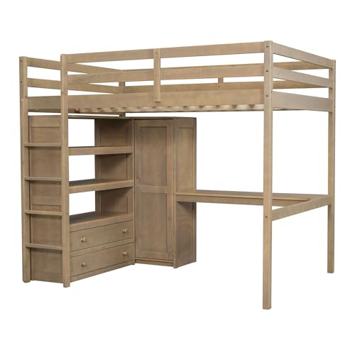 Harper & Bright Designs Full Size Loft Bed with Desk & Wardrobe, Wood Full Loft Bunk Bed with Storage Shelves and Drawers, No Box Spring Needed,White