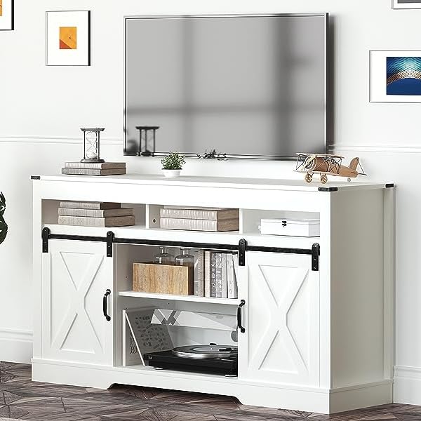 Farmhouse TV Stand for 65+ Inch TV, 34'' Tall Entertainment Center with Sliding Barn Doors