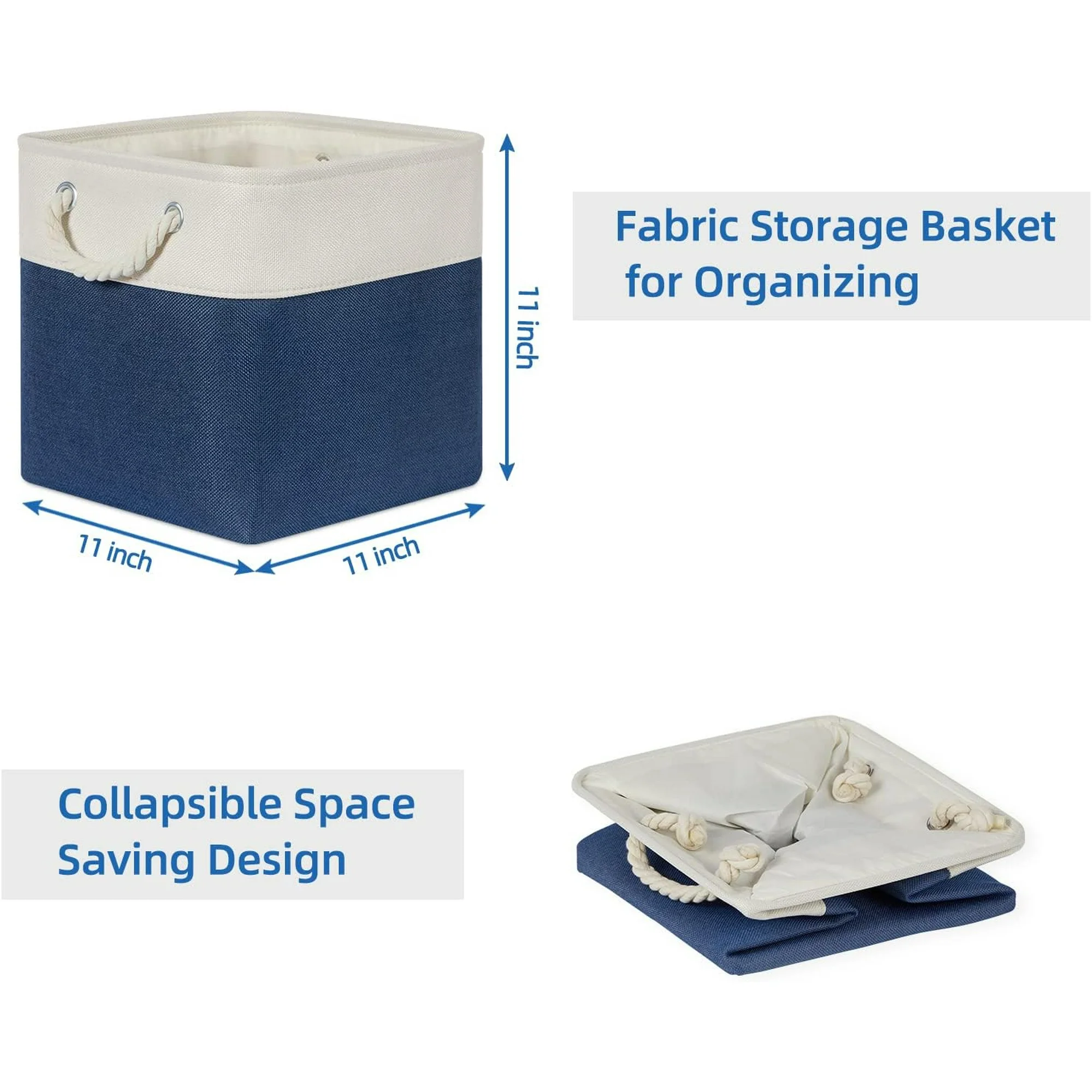 Fabric Storage Cubes 11x11 Cube Storage Bins 4Pack Blue Basket for Organizing Home, Closet, Empty Gift Baskets with Handles (White&amp;Blue)