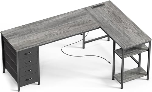 Huuger 63 Inch L Shaped Desk with Fabric Drawers, Reversible Computer Gaming Desk with Power Outlets and USB-C Port, Adjustable Side Storage Shelves