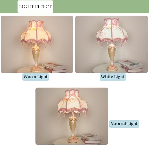 Lovely Table Lamp with Fabric Lampshade, Antique Flower Decorative Bedside Desk Lamp, Handmade Night Light for Bedroom Nightstand