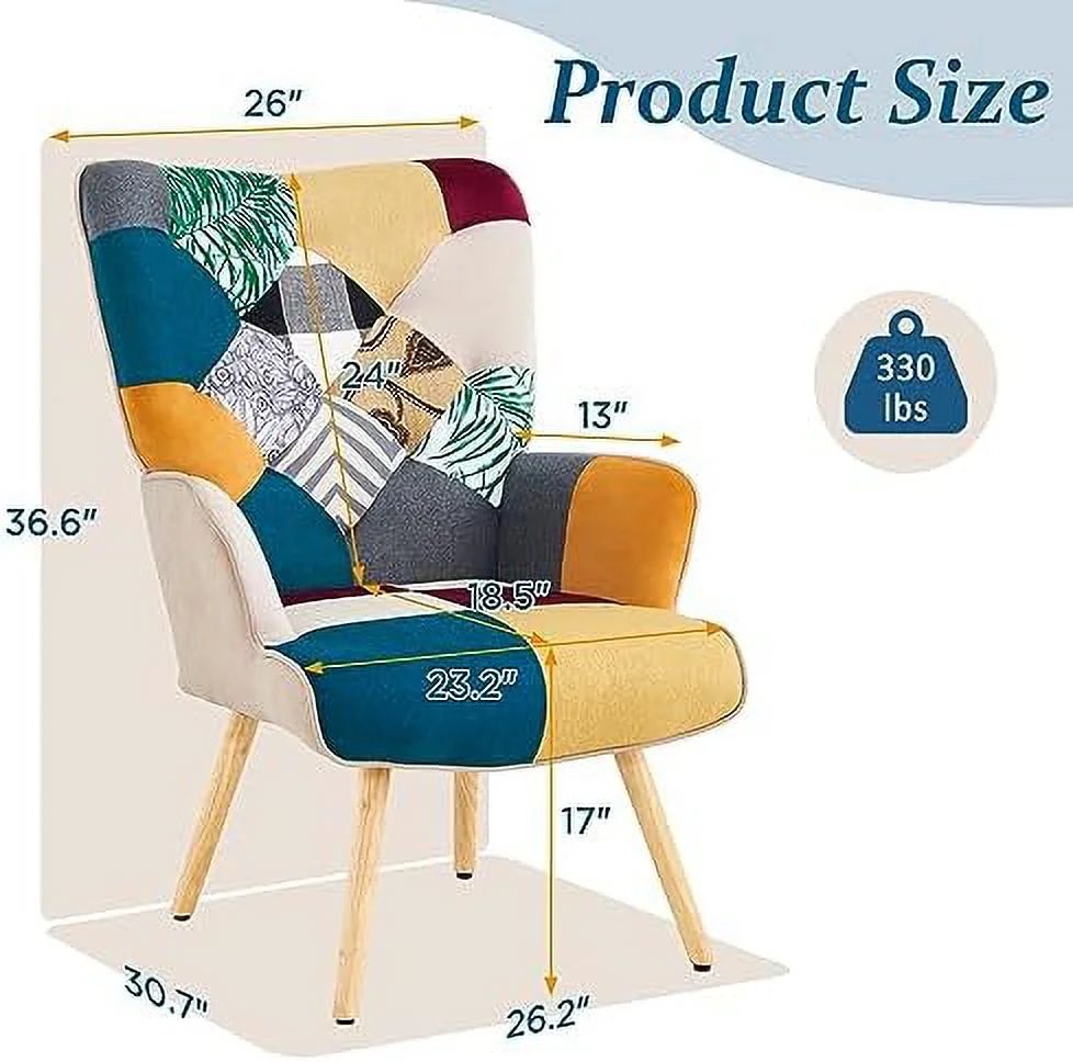 HOOMHIBIU Accent Chair  Living Room Chair  Modern High Back Armchair  Colorful Patchwork Reading Chairs for Bedroom  Lounge Chair with Linen Fabric