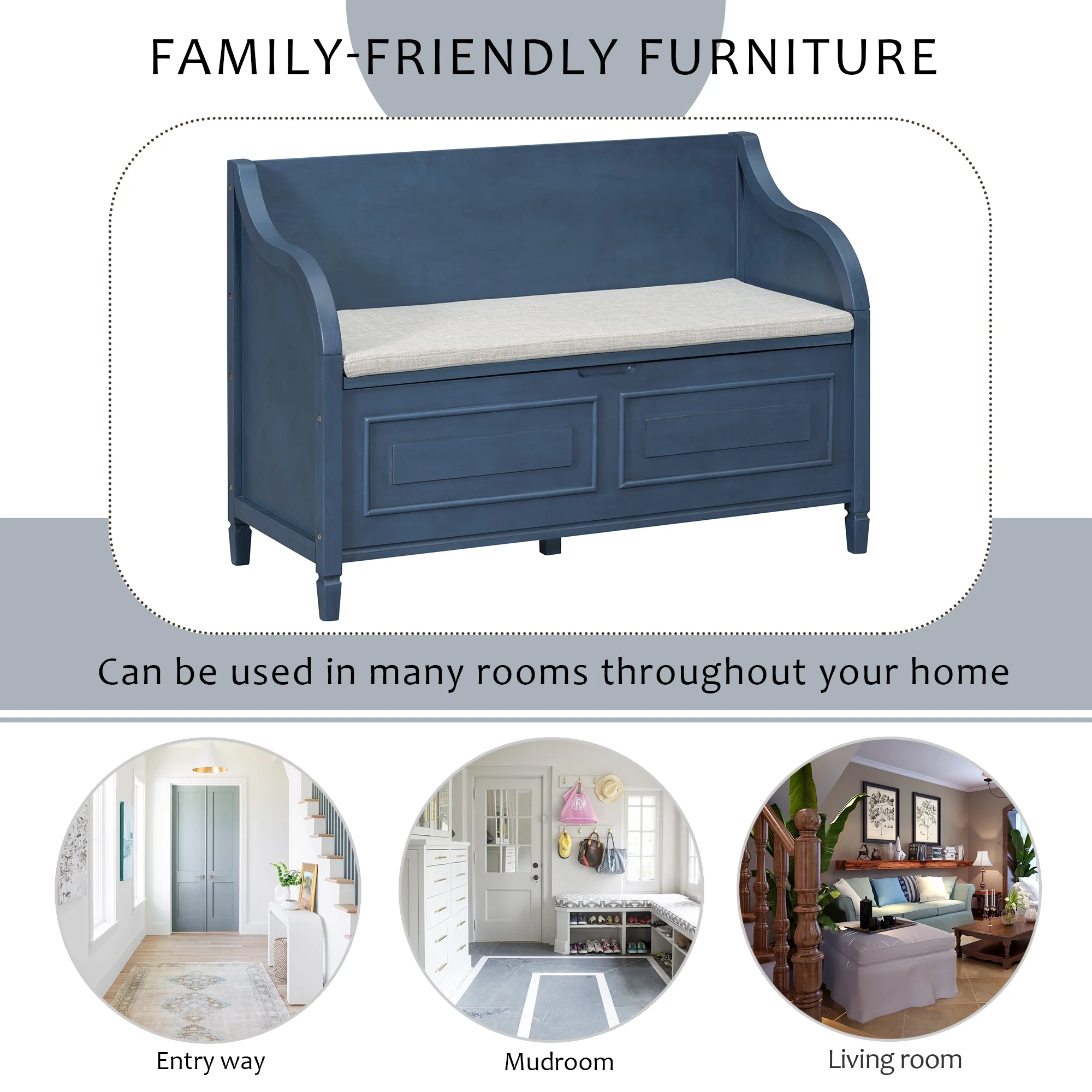 Atumon Storage Bench, Clamshell Entryway Bench, Shoe Bench with Hidden Storage, Wood Storage Cabinet with Removable Cushions and Backrest