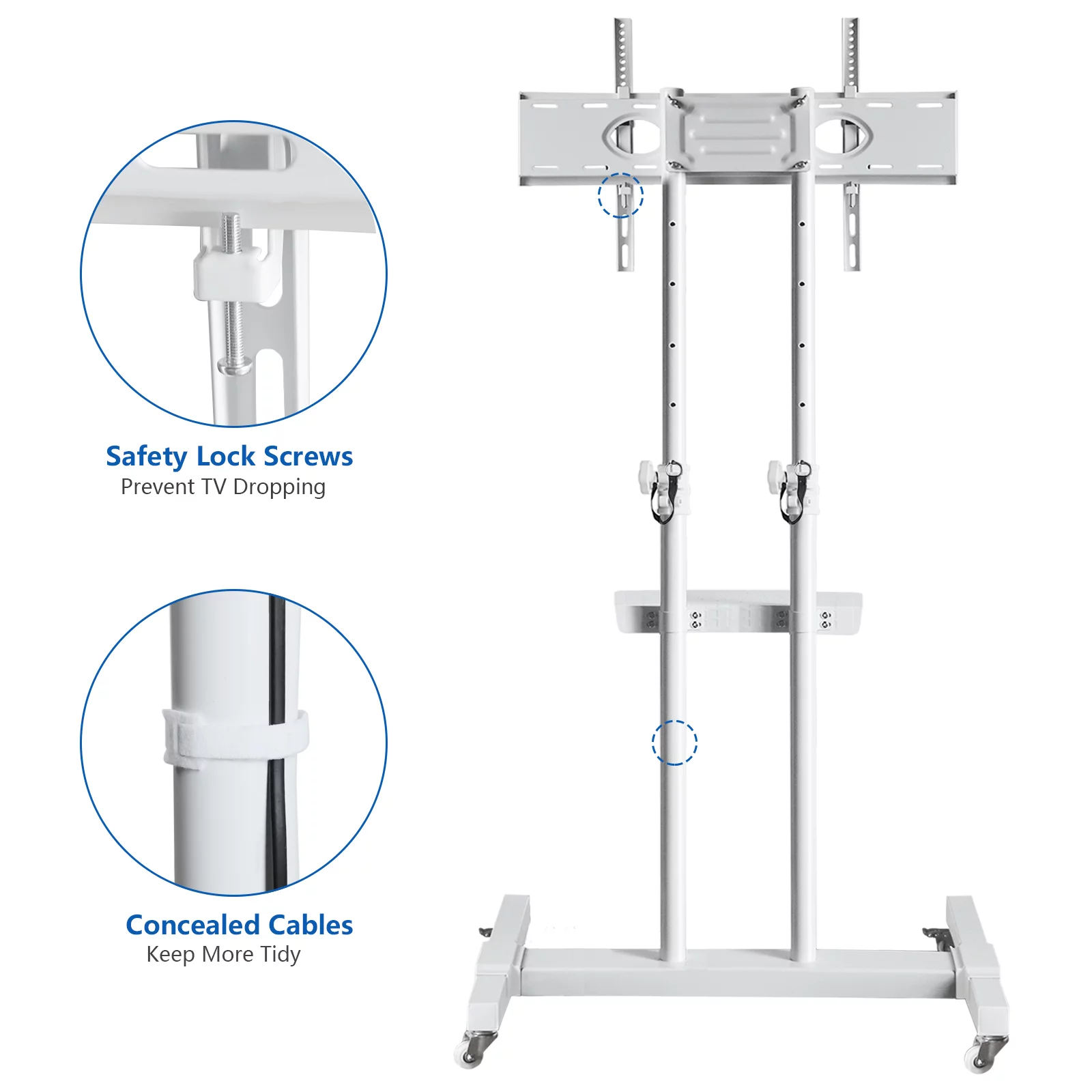 Tall TV Stand with Wheels for 32 to 85 Inch Flat Panel TVs Tilt Floor Trolley Stand Cart, White Shelf