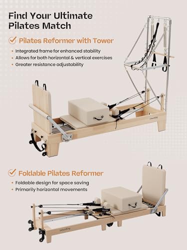 Pilates Reformer Machine, Quick-Assembly Foldable Studio Grade Pilates Equipment for Gym and Home, Oak Wood Pilates Reformer with Reformer Accessories