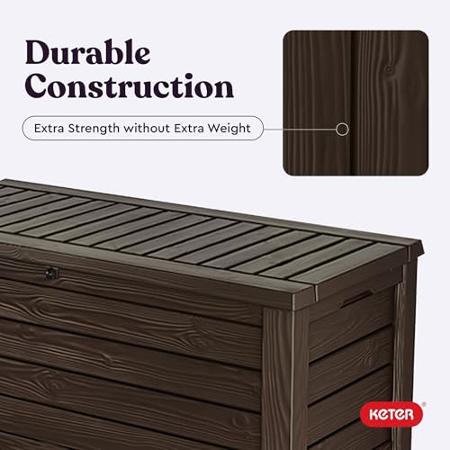Keter Outdoor Storage Deck Box, 150 Gallon Resin Patio Bin & Bench, Wood Grain, Brown