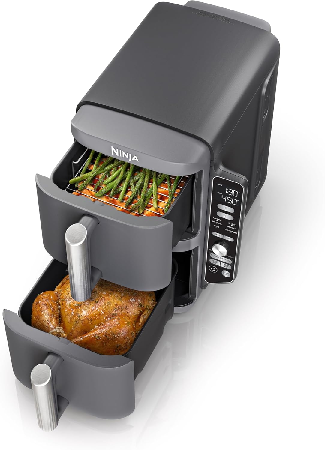Ninja SL401 DoubleStack XL 2-Basket Air Fryer, DoubleStack Technology Cooks 4 Foods at Once, Compact Design, 10 QT, 6-in-1, Smart Finish & Match Cook