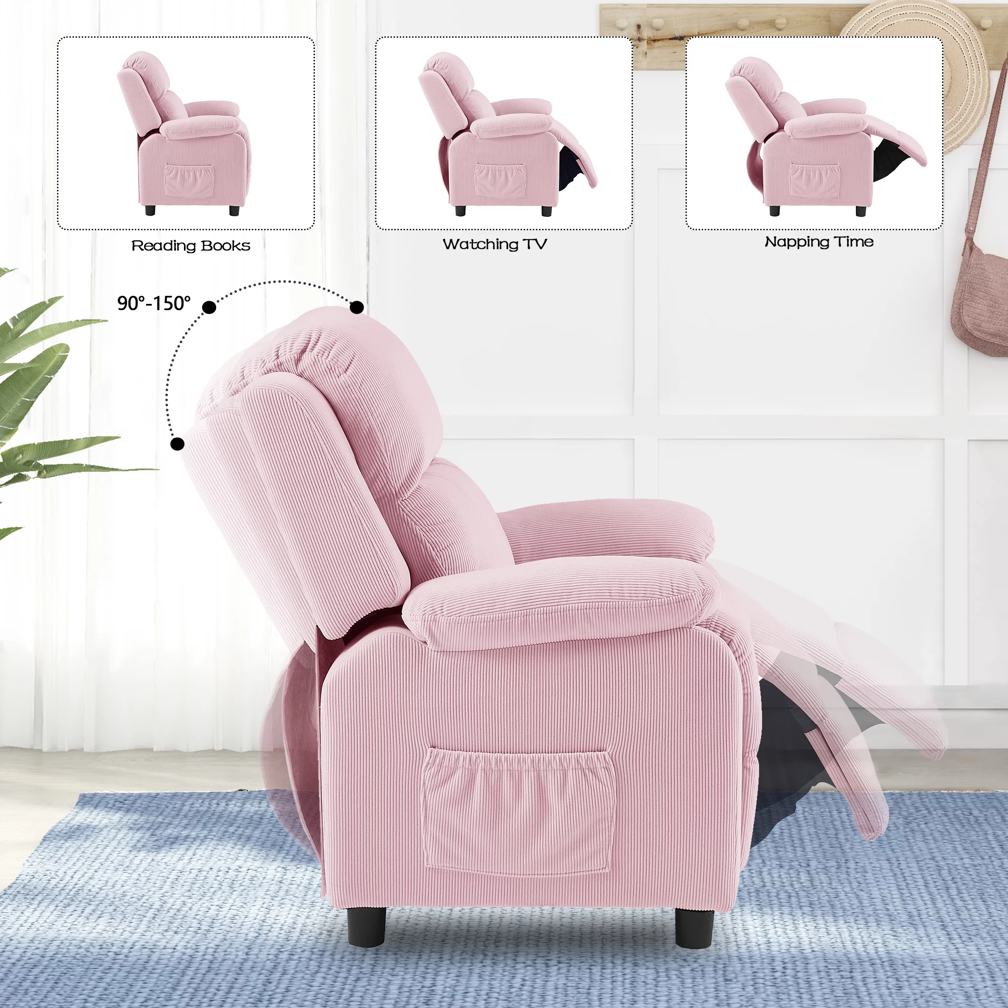 Ulax Furniture Kids Recliner Chair Adjustable Kids Lounge Recliner Couch with Footrest, Storage Arms, Side Pockets for Girls Boys, Pink