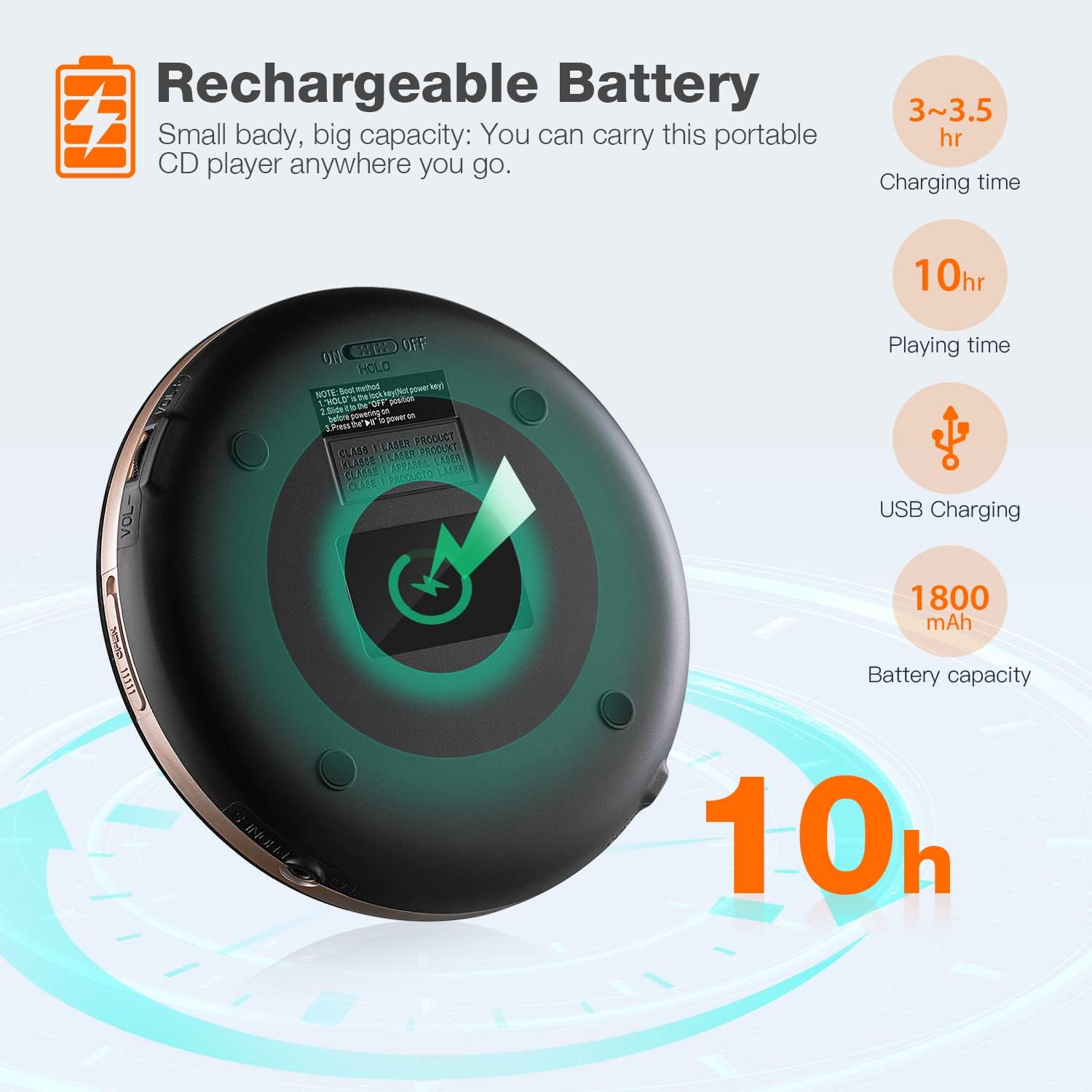 HOTT CD711T Bluetooth Rechargeable Portable CD Player for Home Travel and Car with Stereo Headphones and, Anti Shock Protection-Black