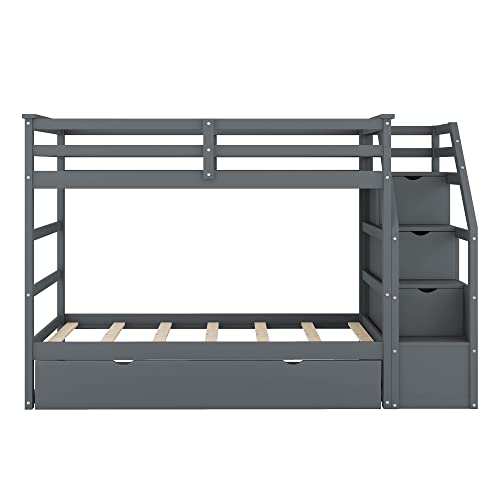 Harper & Bright Designs Twin Over Twin Bunk Bed with Trundle, Wood Bunk Bed with Storage Stairs for Kids Teens Adults (Walnut)