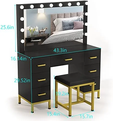 RUNFAYBIU Vanity Set with Lighted Mirror  44''  Vanity Dressing Table with 14PCS LED Bulbs  Vanity Desk with Cushioned Stool &amp