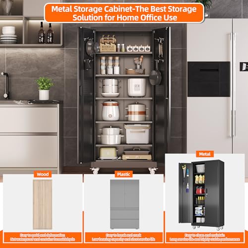 Aobabo 71" H×32" W×16" D Metal Storage Cabinet with Wheels, Garage Steel Storage Cabinet with 5 Adjustable Shelves and 4 Hooks for Home Office