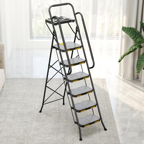KINGRACK 6 Step Ladder with Tool Platform, Folding Step Stool with Handrails, Sturdy Steel Ladder with Wide Pedal