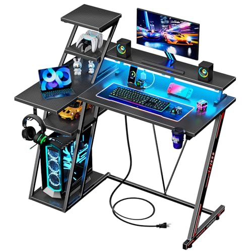 L Shaped Gaming Desk with LED Lights & Power Outlet, 47 Inch Computer Desk with Extra Storage Shelves