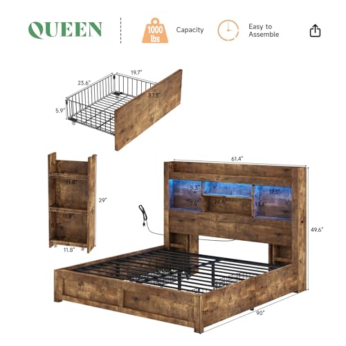 AMERLIFE Queen Bed Frame with 4 Storage Drawers, LED Platform Bed with 49" Bookcase Headboard
