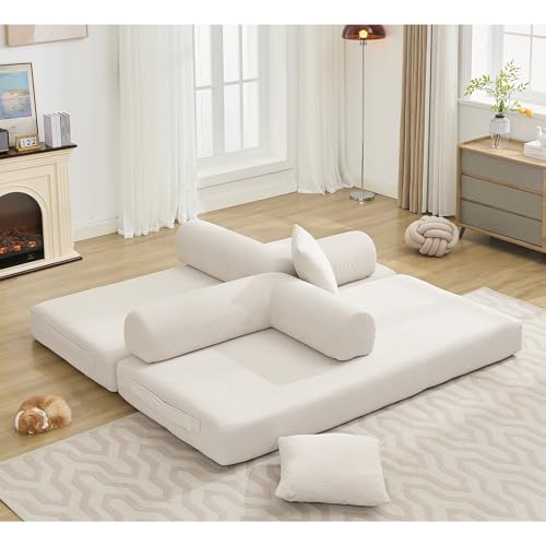 Convertible Sleeper Sofa Bed with Cylindrical Pillow, Corduroy Folding Mattress Couch with Fixed-Shape Frame
