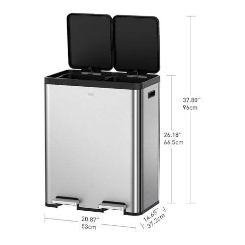 EKO EcoCasa II 36L+24L Dual Trash Can with Recycle Bin, Stainless Steel Garbage Can with Lid, Deodorizer Compartment