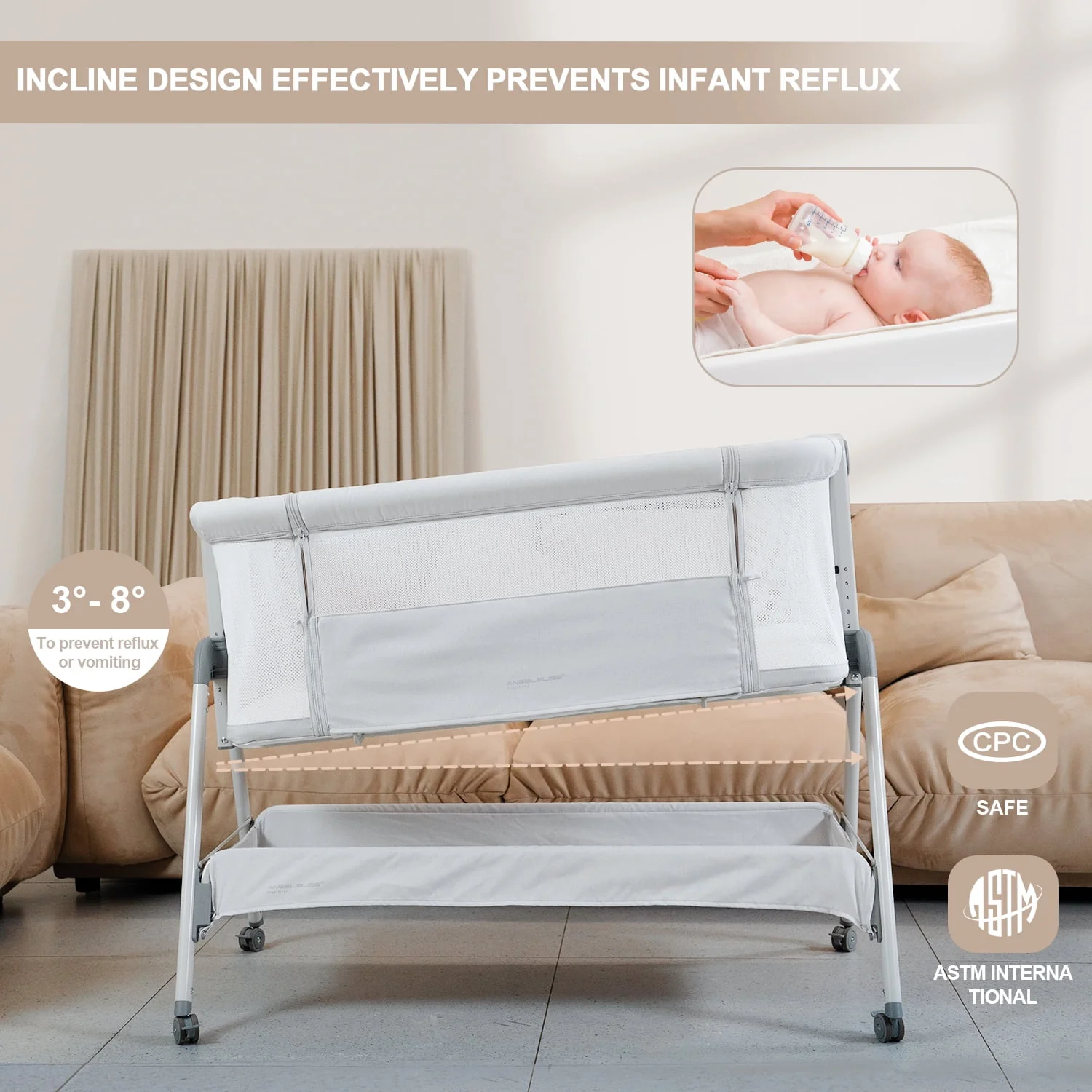 ANGELBLISS Flat Bedside Bassinet with Storage Basket, Easy Folding Portable Crib with Wheels, Included Breathable Mesh