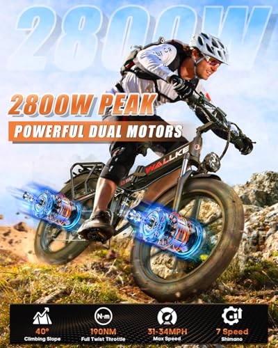 W Wallke Actual 2800W Dual Motor Folding Mountain Electric Bike, 48V 44Ah Battery 170 Mile,26" Fat Tire 35MPH Fast Adult Ebike