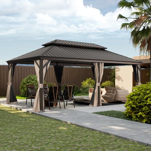 Domi 10’ x 10’ Hardtop Gazebo Metal Frame Canopy with Netting & Curtains