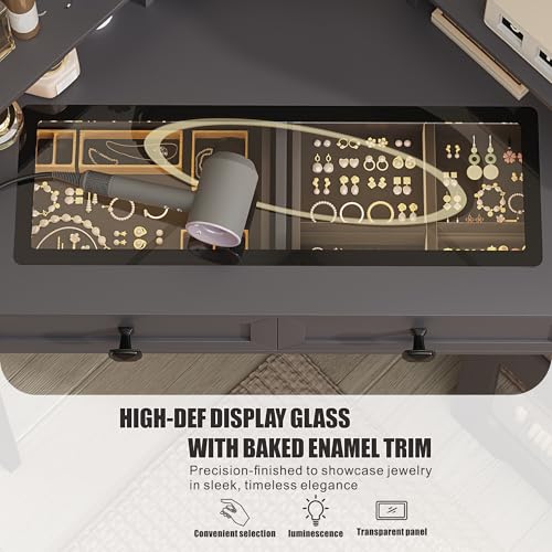 Corner Vanity Desk with Mirror and Lights, Modern Makeup Vanity with Charging Station & Human Sensor Light