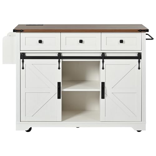 Kitchen Island Cart With Power Outlet, 2 Doors, Drop Leaf, Spice Rack, 2 Drawers - Rolling Storage Cart on Wheels for Home and Dining Room - White
