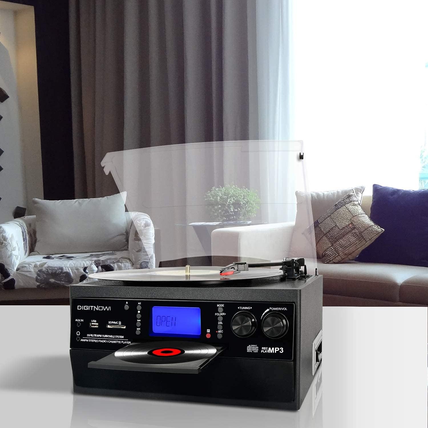 DIGITNOW Bluetooth Record Player Turntable with Stereo Speaker, LP Vinyl to MP3 Converter with CD, Cassette, Radio, Aux in and USB/SD Encoding