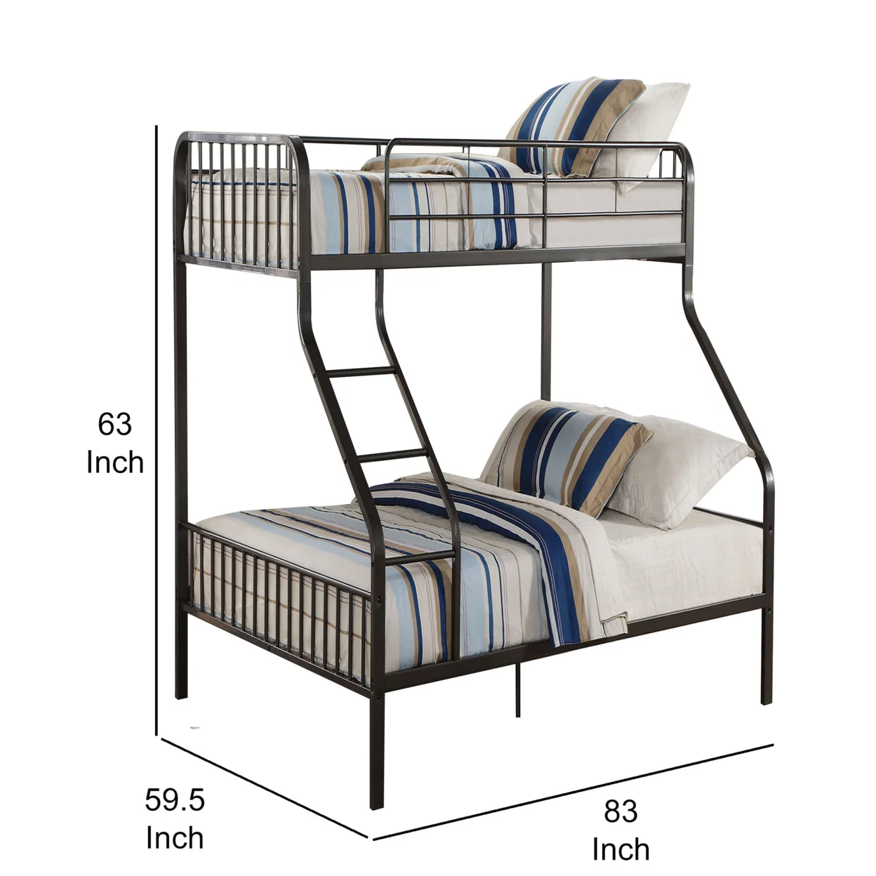 Metal Twin over Queen Size Bunk Bed with Guardrail and Ladder, Gunmetal