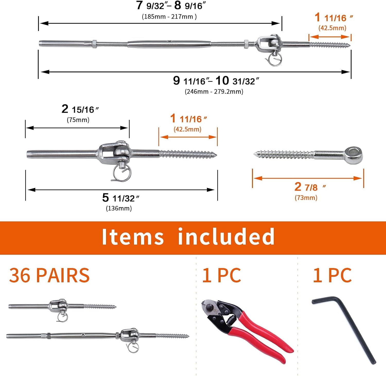 Muzata 36Set Cable Railing Kit 1/8 Swage Toggle Turnbuckle Hardware T316 Stainless Steel for Wood Post WoodEasy System Angle 180°Adjustable Stairs