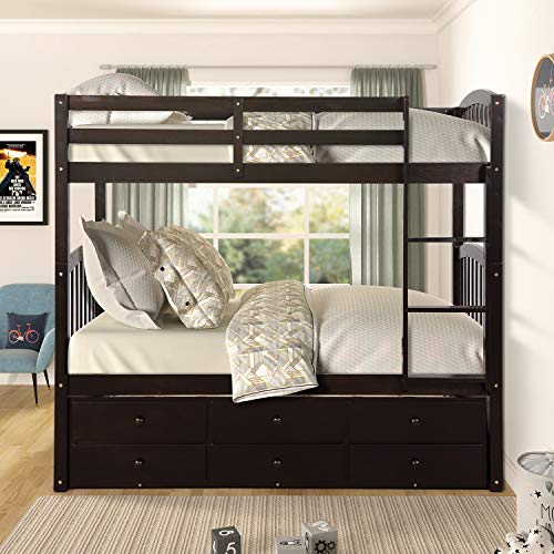 Harper & Bright Designs Twin Over Twin Bunk Bed with Storage Drawers, Solid Wood Bunk Bed Frame with Trundle, for Kids, Teens, Adults (Espresso)