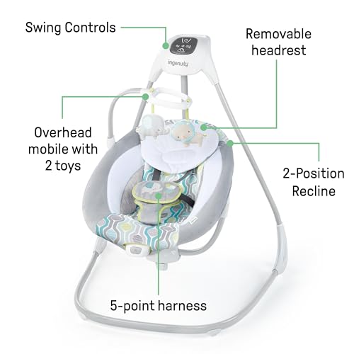 Ingenuity SimpleComfort Lightweight Compact 6-Speed Multi-Direction Baby Swing, Vibrations & Nature Sounds, 0-9 Months 6-20 lbs (Pink Cassidy)