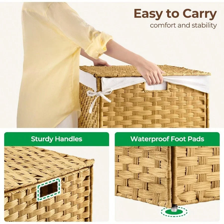 GREENSTELL Storage Basket with Lid 42.3 Gallon 160L Lagre Wicker Blanket Storage Basket with Handles Foldable 2 Removable Liner Bags Metal Frame for