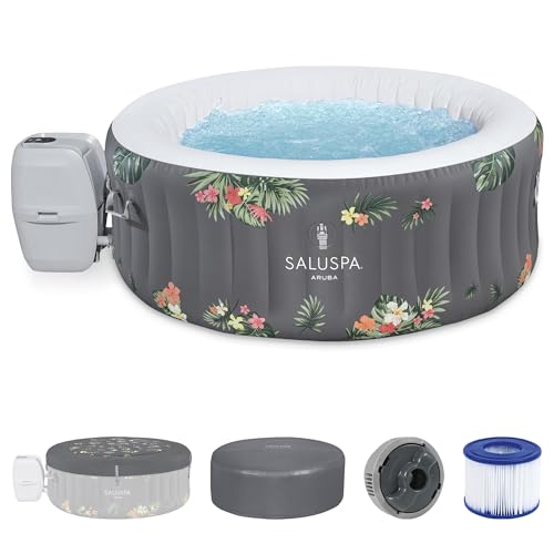 Bestway SaluSpa Aruba AirJet 2 to 3 Person Inflatable Hot Tub, 67 x 26 Inch Round Portable Outdoor Spa with 110 Soothing Jets and Cover, Gray