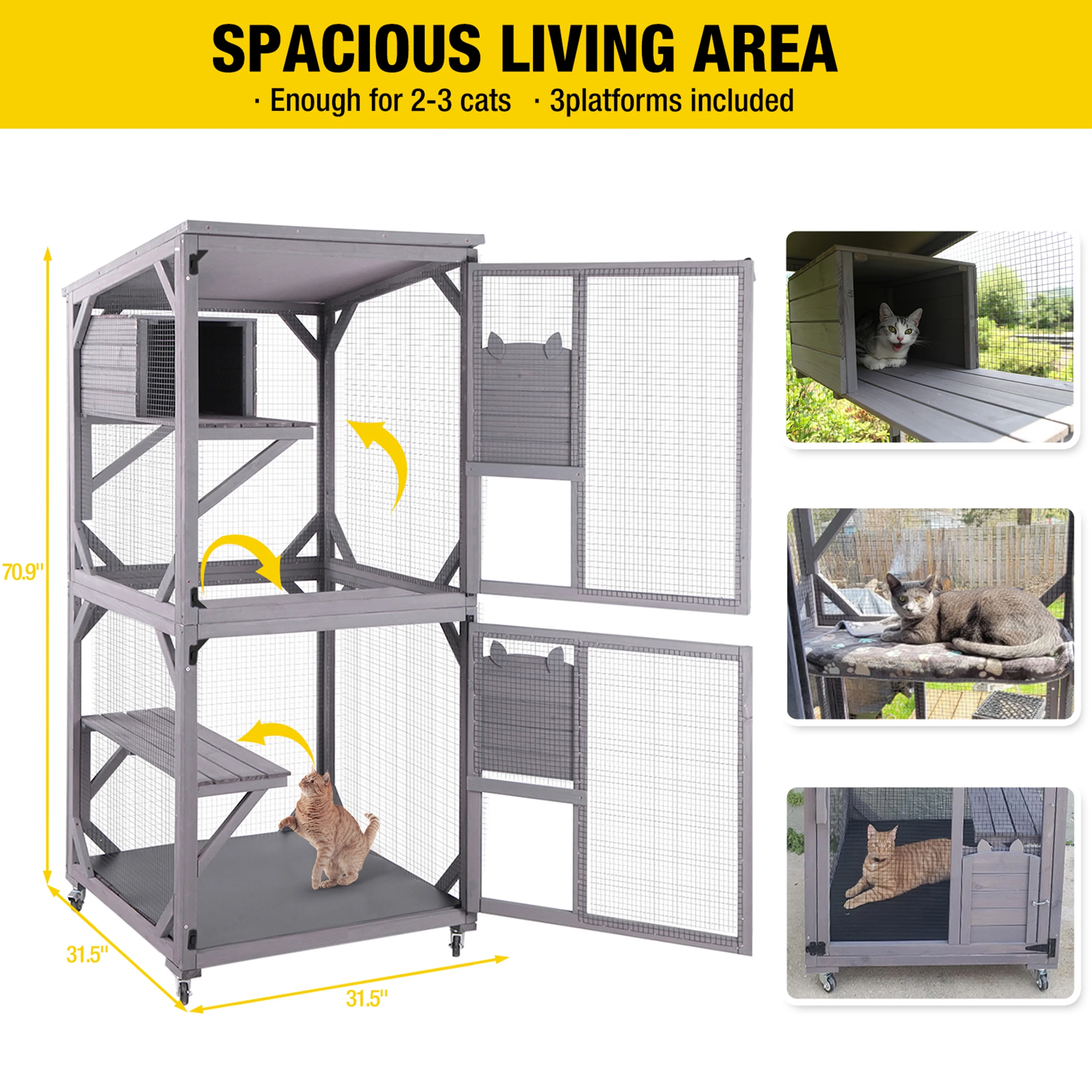 Morgete Catio Outdoor Cat House Wooden Cat Enclosure Resting Box with 3 Platforms, 71 inch Kitten Condo