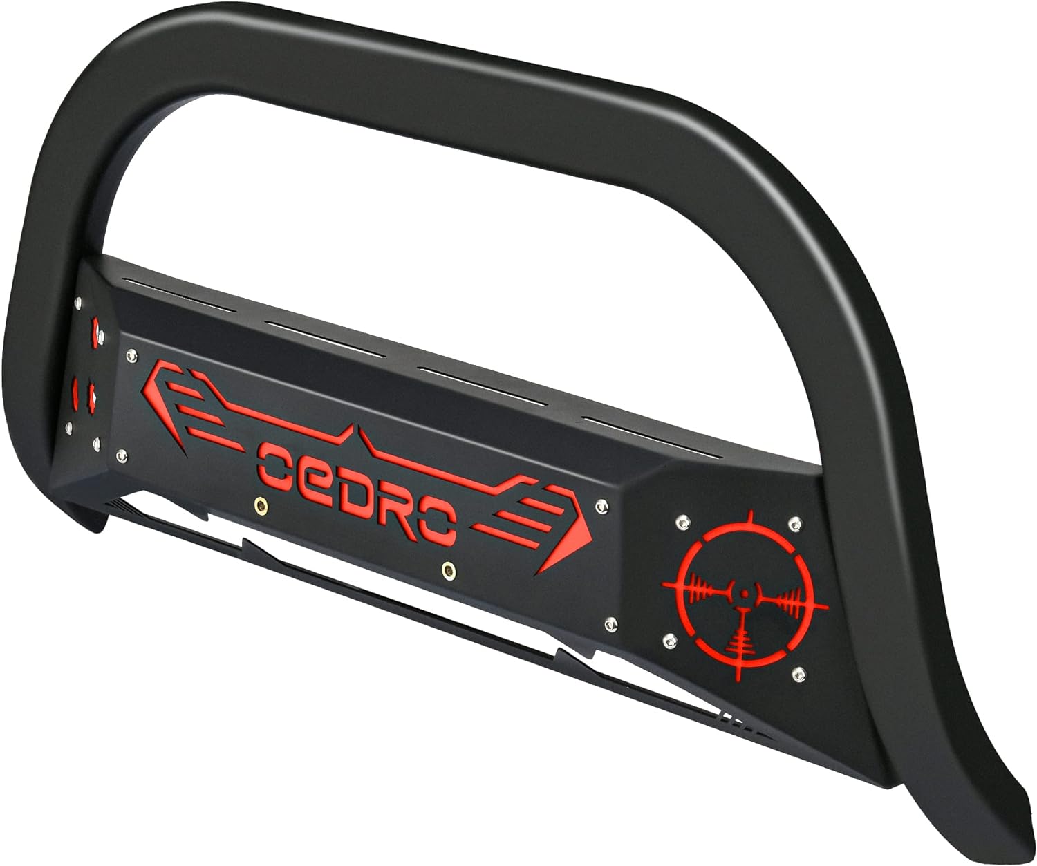 oEdRo Bull Bar Fits 2016-2022 Toyota Tacoma, Pickup Front Bumper Guard Textured Black, w/Red and Black Skid Plate Light Mount