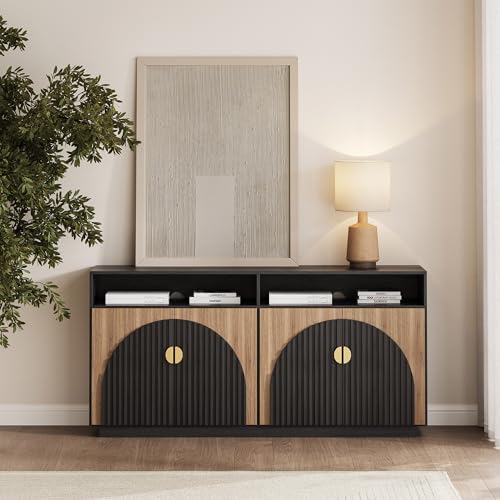 BELLEZE 65 Inch Fluted Buffet Cabinet with Storage, Symmetrical Arc Accent Sideboard Large Console Table for Dining Room, Kitchen