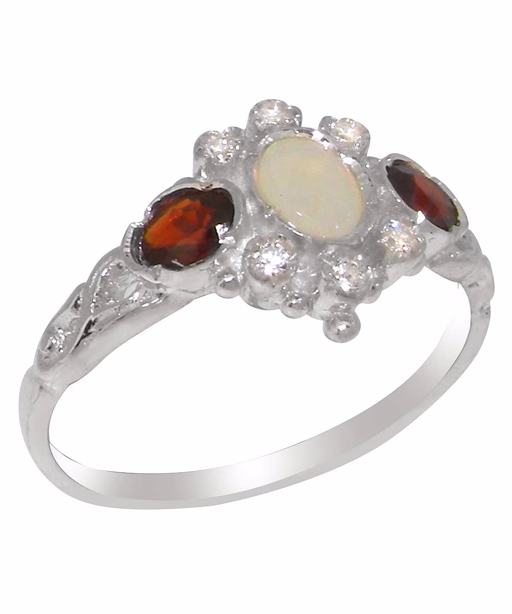 LBG British Made 9k White Gold Natural Opal Garnet Cubic Zirconia Womens Statement Ring - 33 size options - Size 9.25