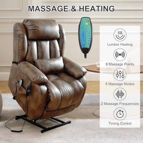 EDILLY Large Genuine Leather Power Lift Recliner Chairs for Elderly, Dual Motor with Massage and Heating,Double Lumbar Cushion and Extended Footrest
