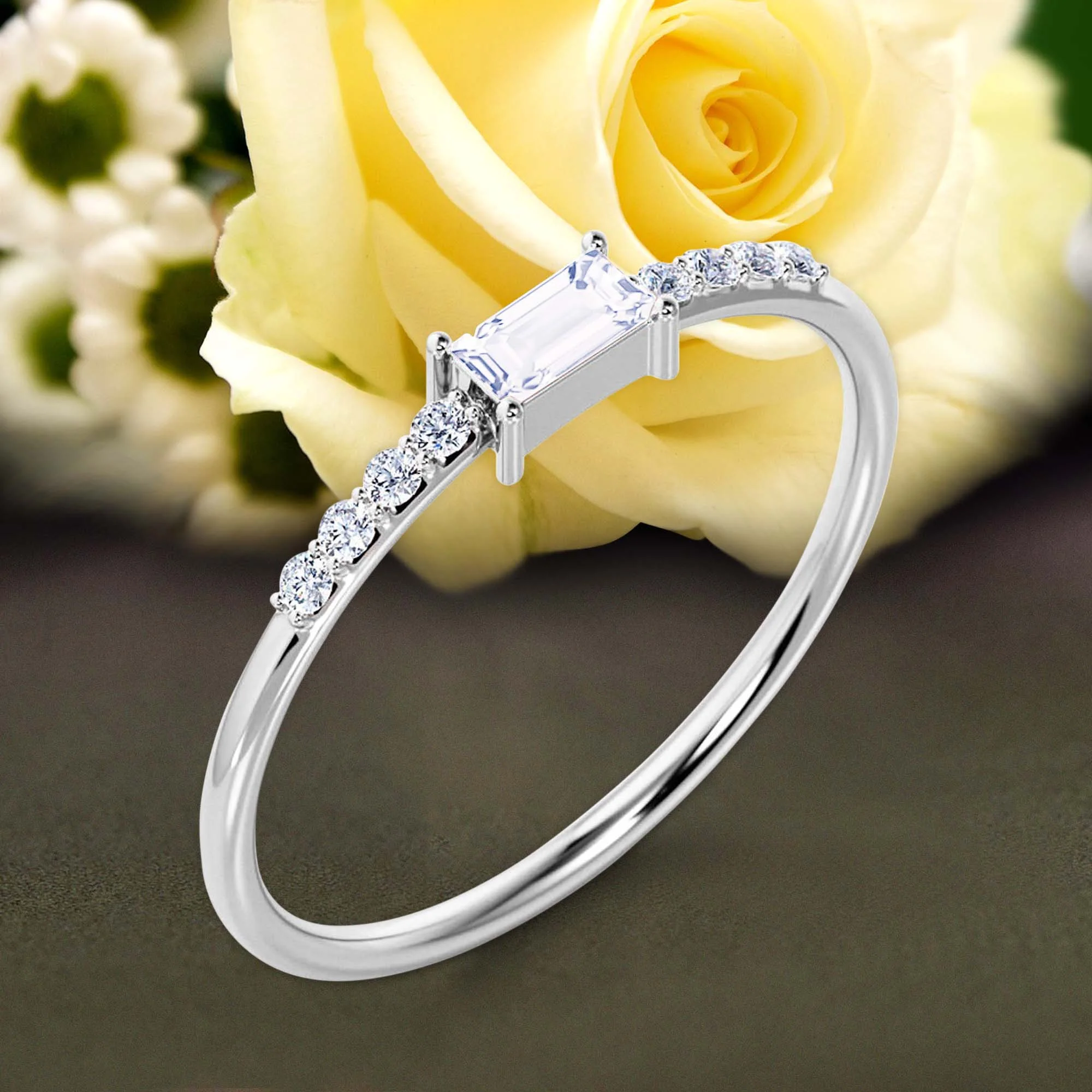 Art Deco Minimalist 0.75 Carat Emerald Cut Diamond Moissanite Engagement Ring, Wedding Ring in 10k Solid White Gold, Gift For Her, Promise Ring
