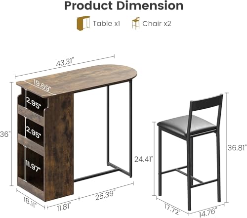 GAOMON Small Kitchen Table for 2, Stylish Bar Table and Chairs Set with Storage Shelves, Perfect for Breakfast Nook or Dining Area