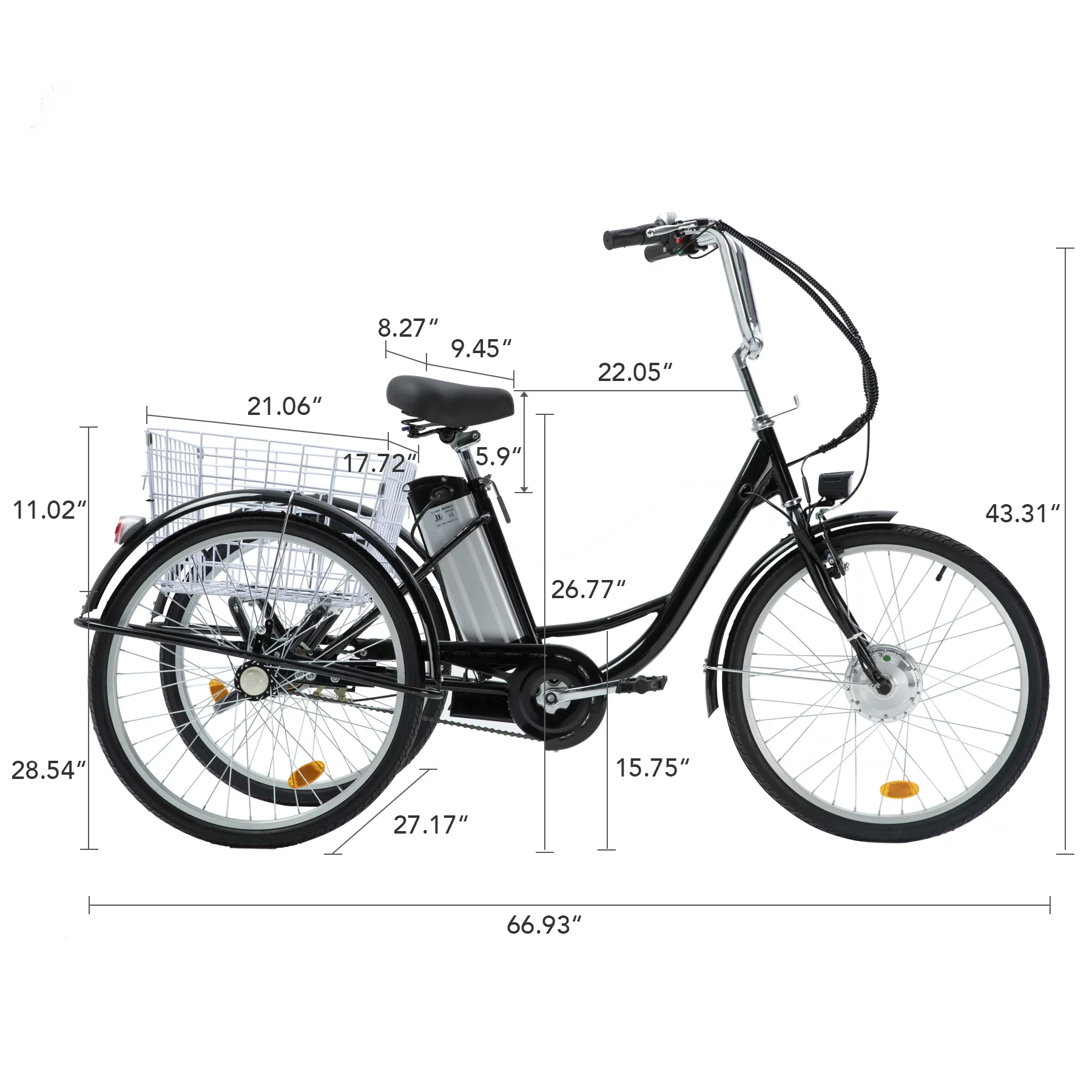 VIRIBUS 24 Inch Electric Trike Bike for Adults 36V 3 Wheel Electric Bicycle for Women Men, Black