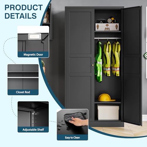 MIIIKO Steel Cabinet Wardrobe, Metal Locker Cabinet with Hanging Rod, Metal Clothing Locker Storage for Home, Office, Garage and Changing Room