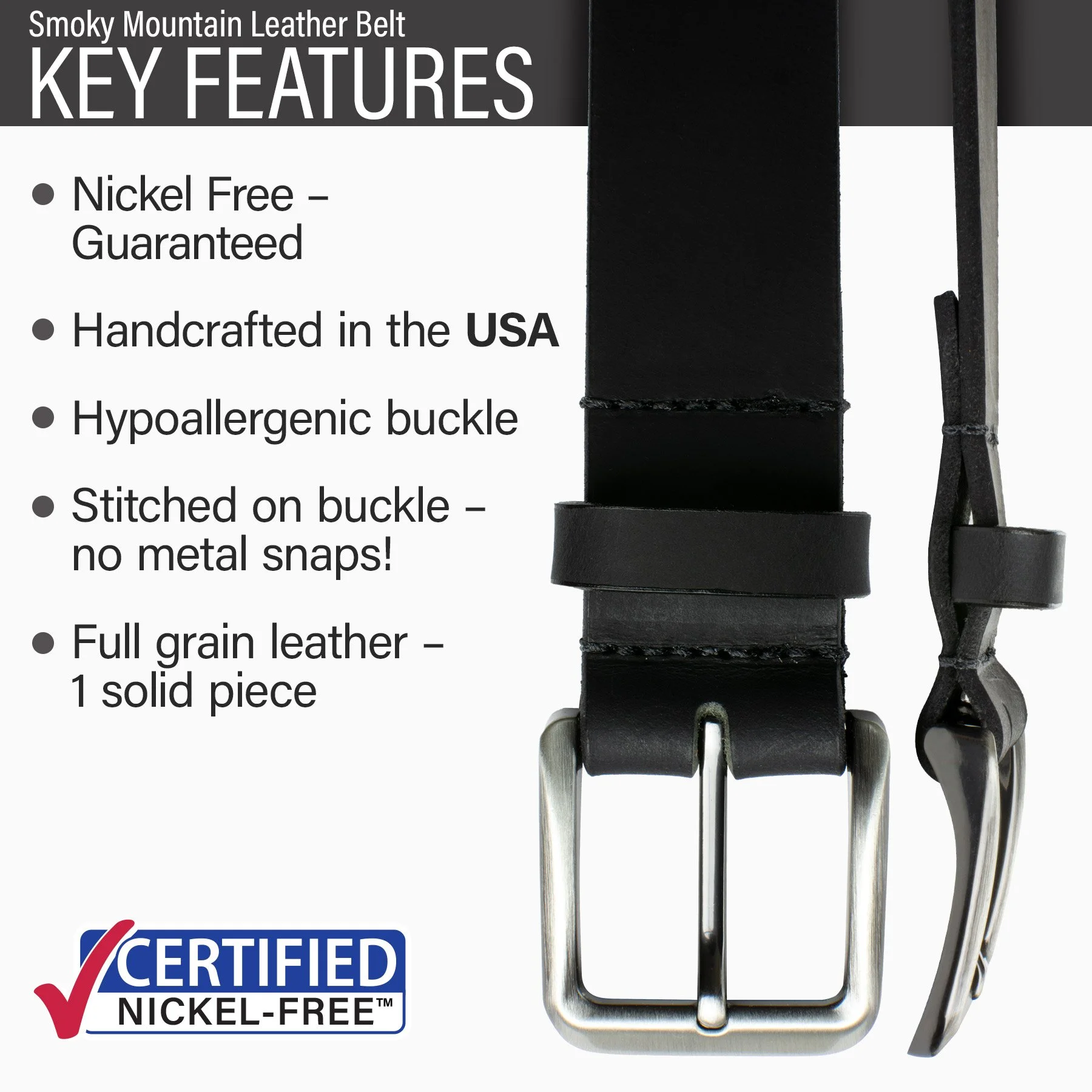 Smoky Mountain Black Leather Belt by Nickel Smart® - Nickel Free Belt Buckle, 1.5 inch Wide Full Grain Leather Strap