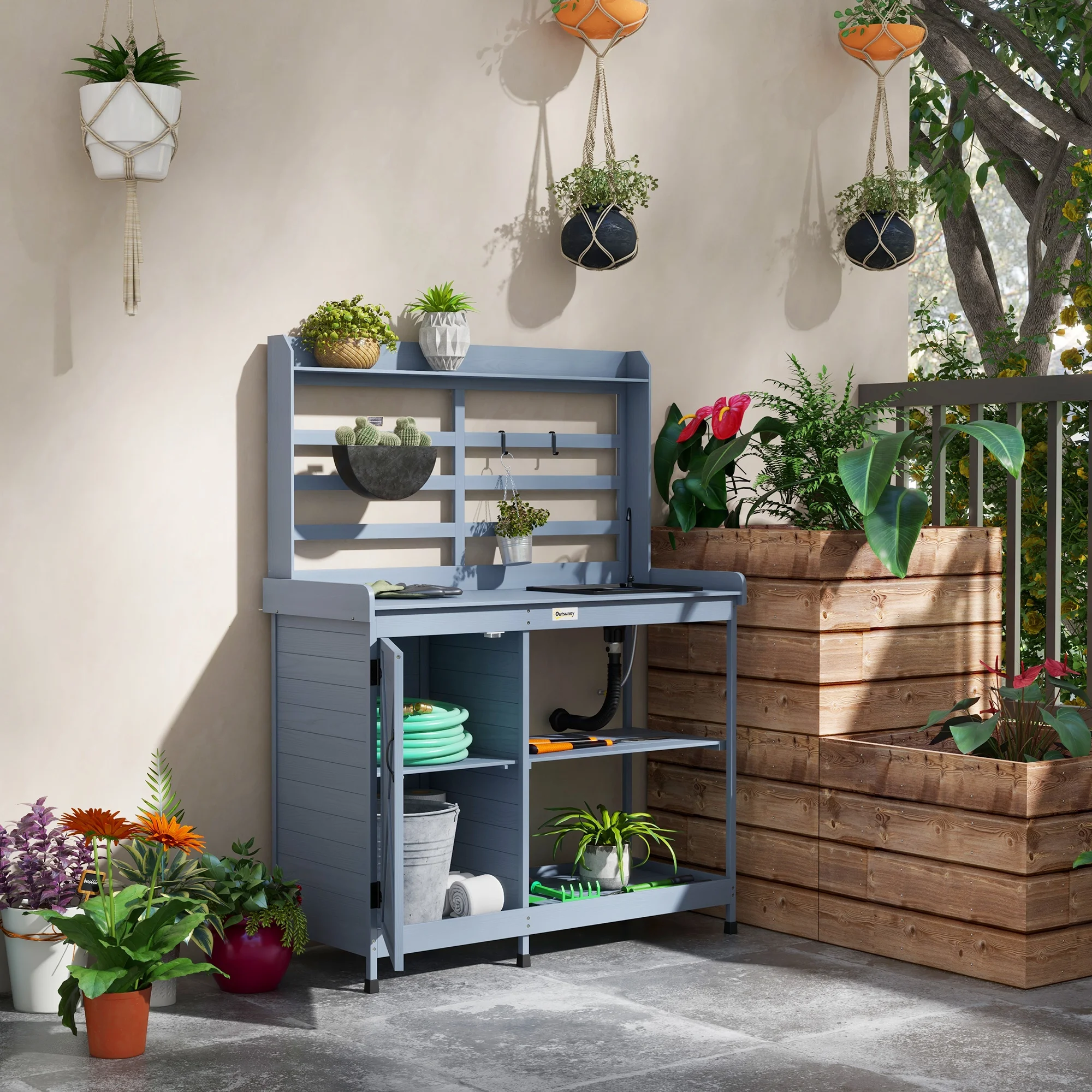 Outsunny Wooden Potting Bench with Storage, Sink, Water Tap, Gray