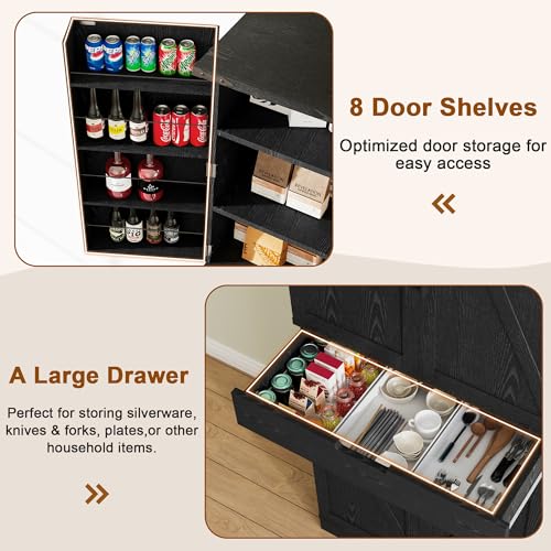 72" Tall Storage Cabinet, Kitchen Pantry Cabinet with Adjustable Shelves & Sturdy Steel Frame, Farmhouse Pantry Storage with 4 Barn Doors for Kitchen