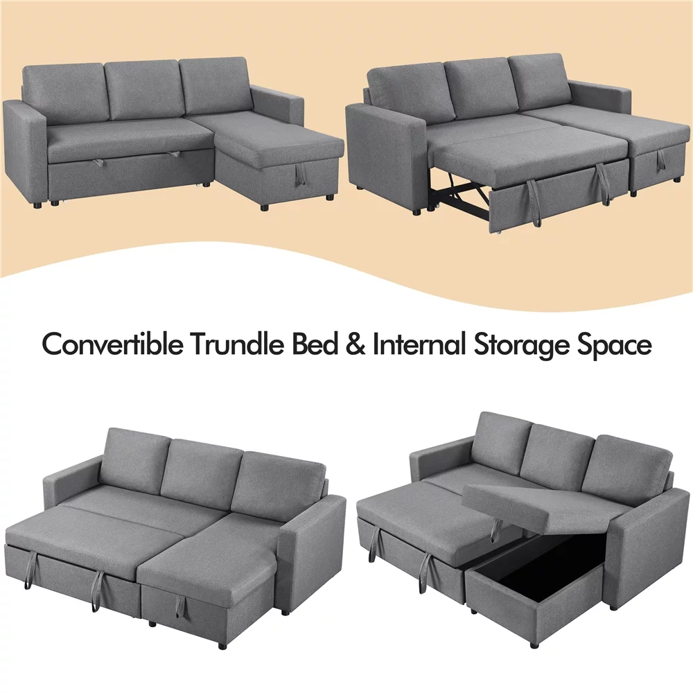 Alden Design Reversible Sectional Sleeper Sofa with USB & Type-C Ports, Light Gray