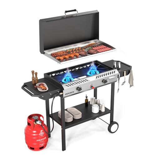 ROVSUN 2 Burner Outdoor Propane Gas Stove with Auto-ignition, Regulator & Shelf, 150