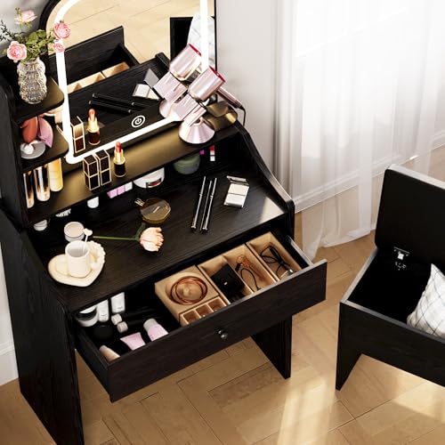 LIKIMIO Small Makeup Vanity Desk with Mirror and Lights, Vanity Table Set with Storage Drawer, Chair and Three Shelves, Bedroom, White